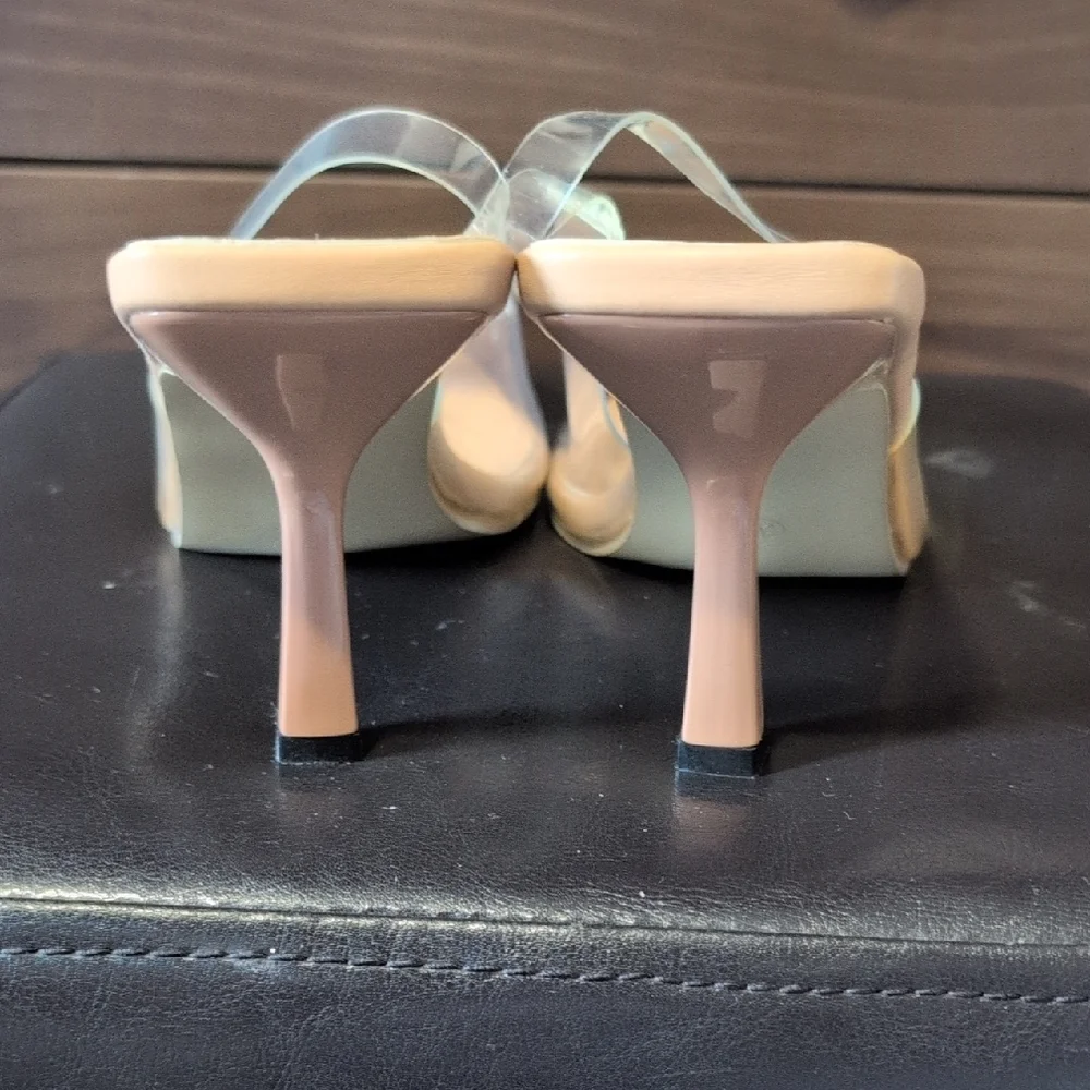 Nude Crystal-Embellished Pointed Toe Slingback Heels - Picture 4 of 7
